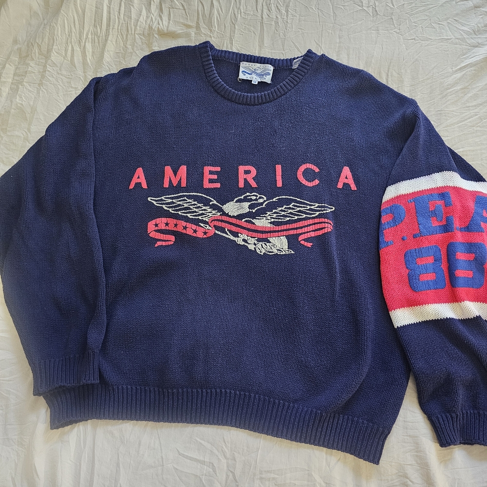 Navy 'America' Cotton Crewneck Sweater with Flag Eagle Graphic